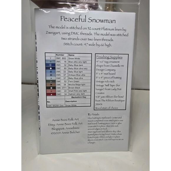 Peaceful Snowman Annie Beez Folk Art Cross Stitch Pattern Chart - Picture 2 of 2